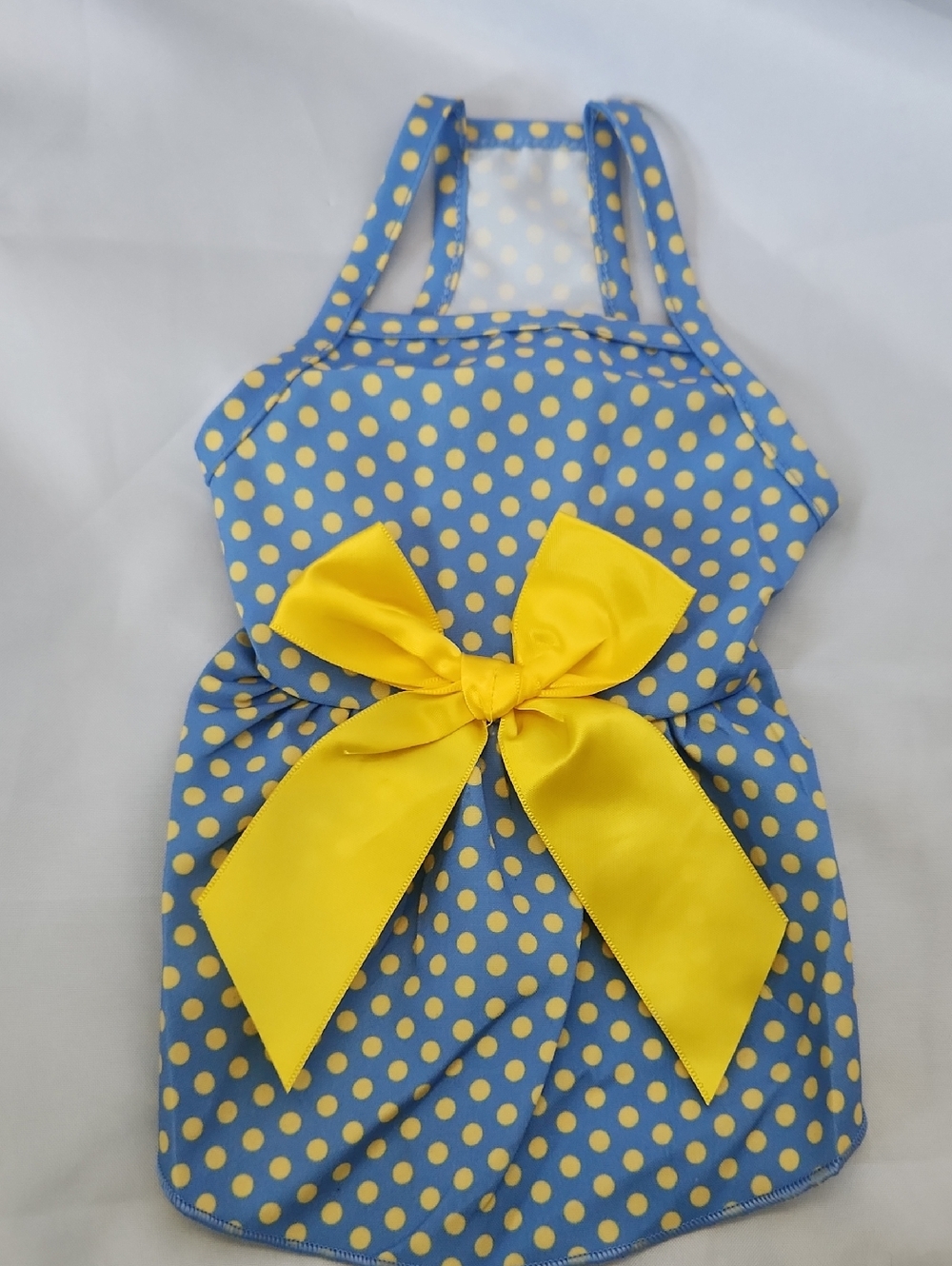 Source Unknown Blue and Yellow Polka Dot Dog Dress with Yellow Bow
